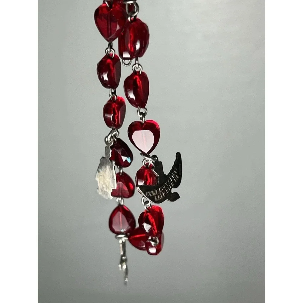Vtg Religious Bracelet CHAPEL Co. Red Czech Glass Hearts Sterling Silver Charms